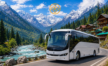 Volvo coach on the Delhi–Manali highway through pine forests