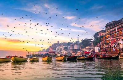 Evening Ganga Aarti ceremony at the ghats of Varanasi
